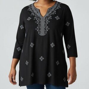 NWT J.Jill VNeck Tunic Top Womens L Black Embroidered Soft Comfy Boho Resortwear